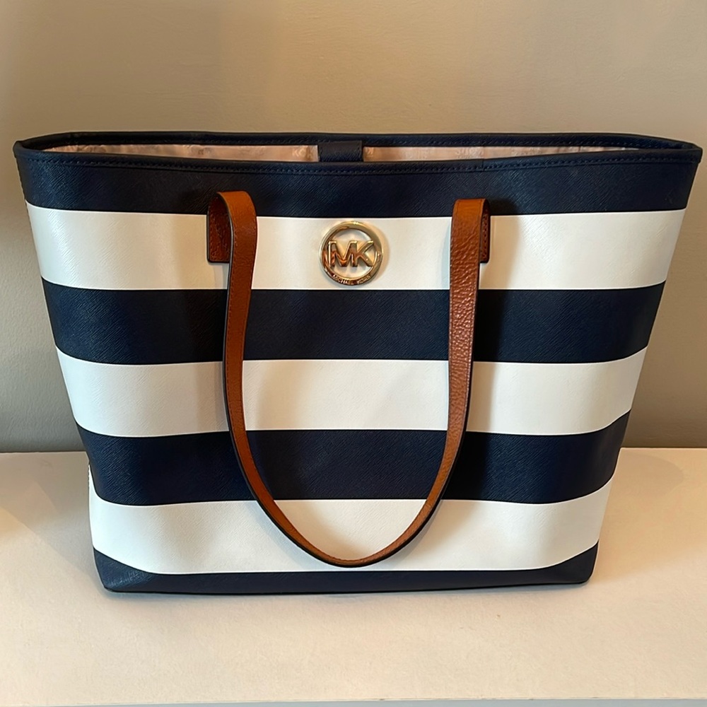 Michael Kors navy and white stripped tote bag